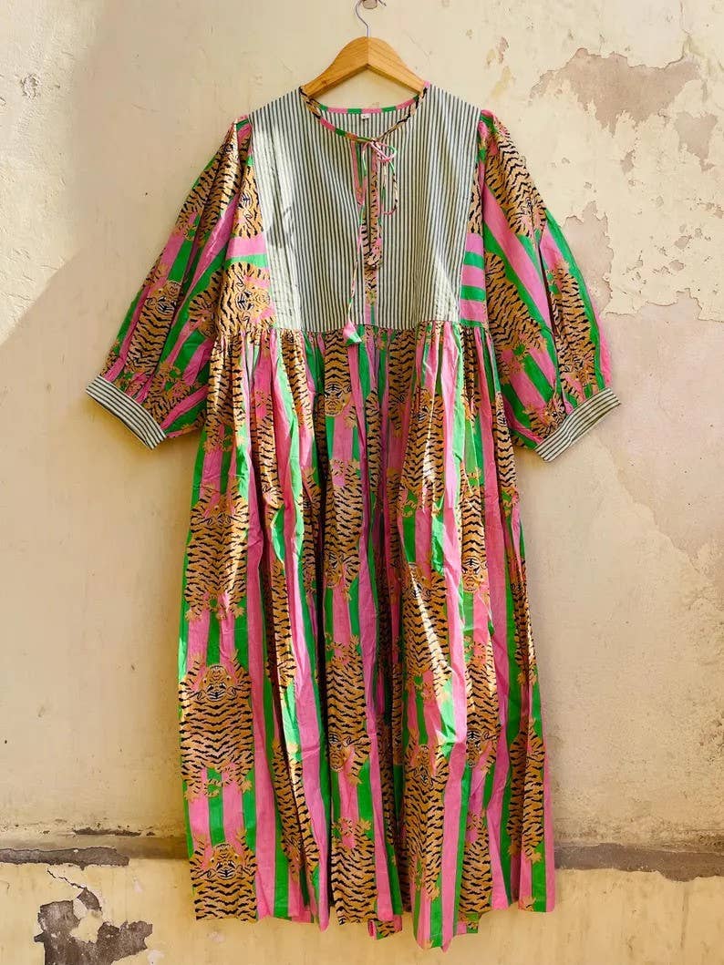 GYPSY STUDIO - Wholesale Dress - Women's - Tiger Print Long Block Print Dress Stripe Prints Neck Line0