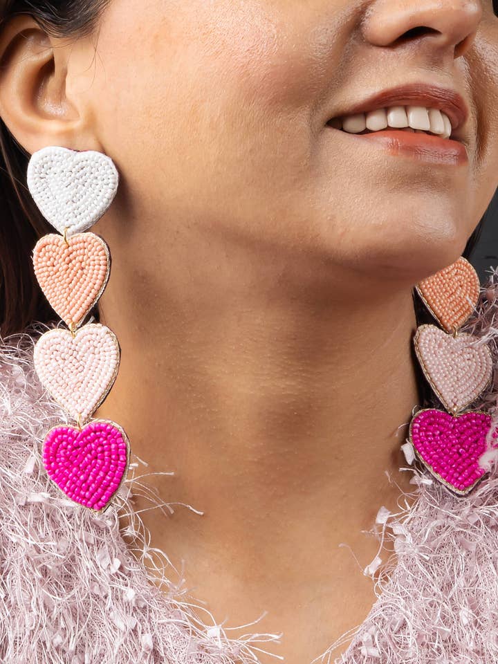 Pink Hearts Earrings | Beaded Jewelry | Pink Boho Earrings for wholesale by Cordelia Kraft