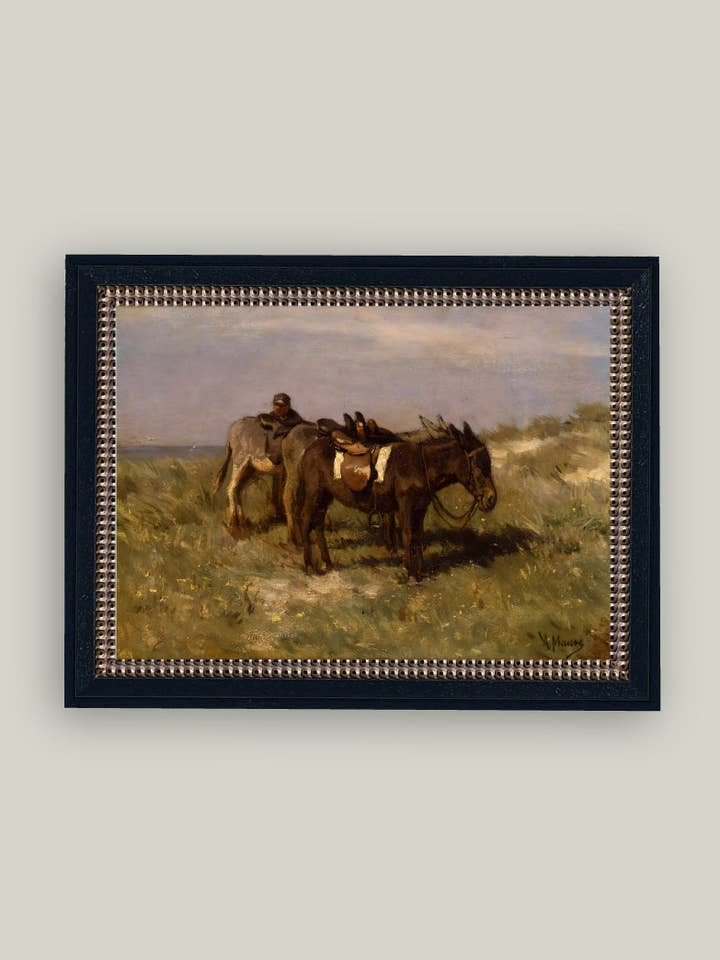 Œuvre d'art antique encadrée « Ânes dans les dunes » pour la vente par Petal Lane Home