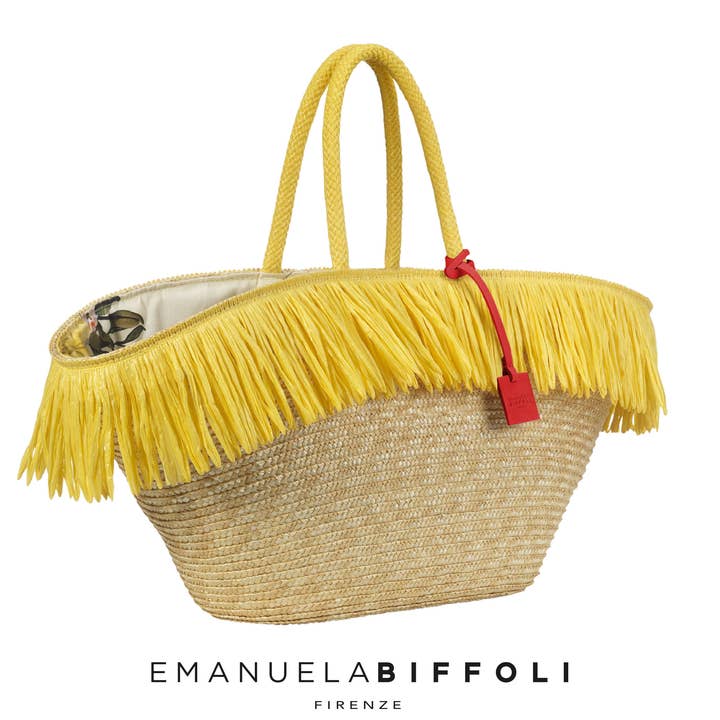 „TAORMINA“ STROHSACK MIT GELBEN FRANSEN für den Großhandel von EMANUELA BIFFOLI FIRENZE