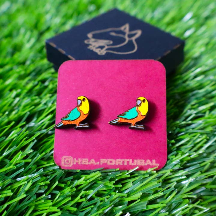 Herbs&Belles - Venta al por mayor Pendientes de botón/aretes de poste - Pendientes de madera pintados a mano con pareja de loros coloridos