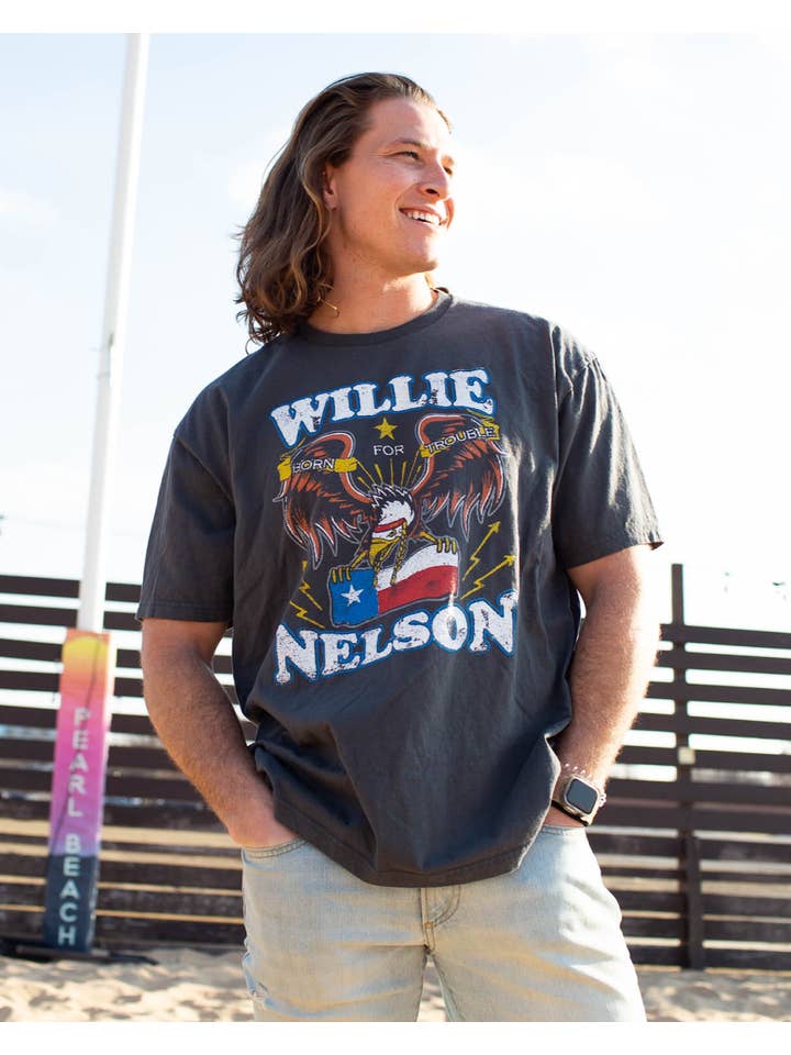 LivyLu - Wholesale Screen Printed T-Shirt - Unisex - Willie Nelson Born For Trouble Dark Gray Thrifted Tee1