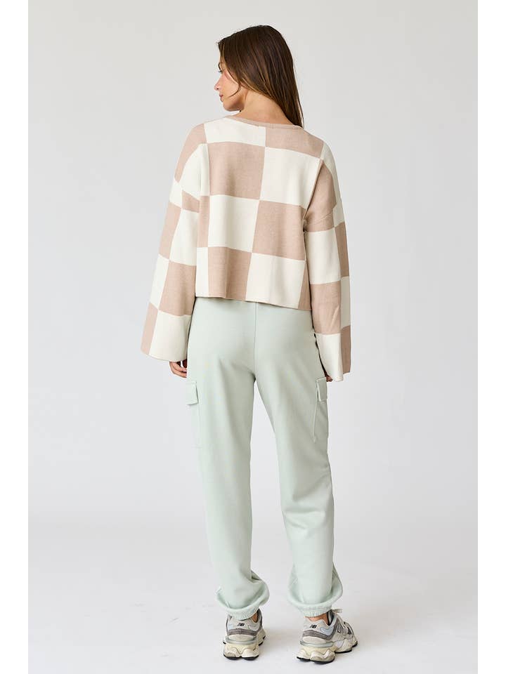 Papermoon - Vente Pull en maille – femme - PT16257 - Haut à manches longues à col rond à carreaux Sarah4