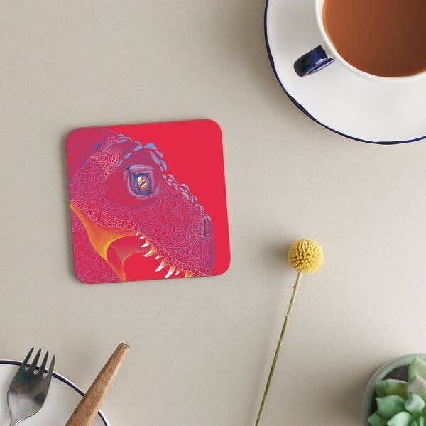 Onderzetter Melamine met kurkrug | Blauwe T-Rex dinosaurus op rood voor wholesale door Deckled Edge Ltd