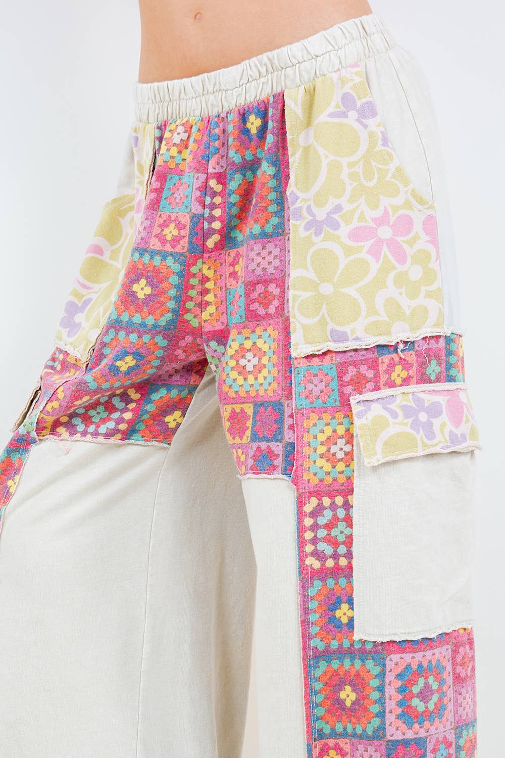 J.Her - Wholesale Pants - Women's - MineralWash Boho Crochet Floral Printed Pants HP57581