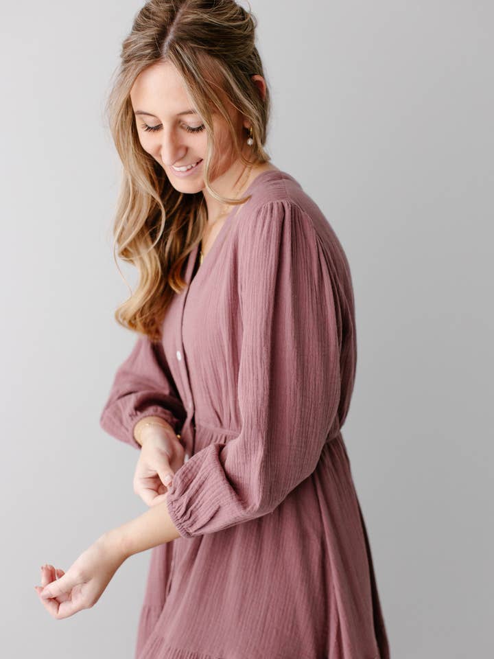 Dusty Mauve 'Louisa' Button Down Tiered Cotton Gauze Midi Dress for wholesale on Faire3