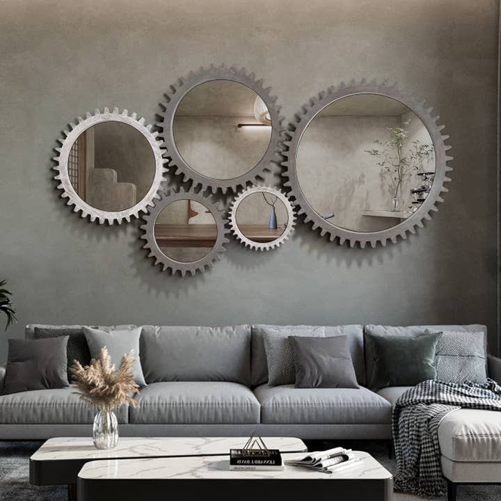 Dark Brown Vintage Wood Round Hanging Gear Shape Decorative Mirror for wholesale on Faire