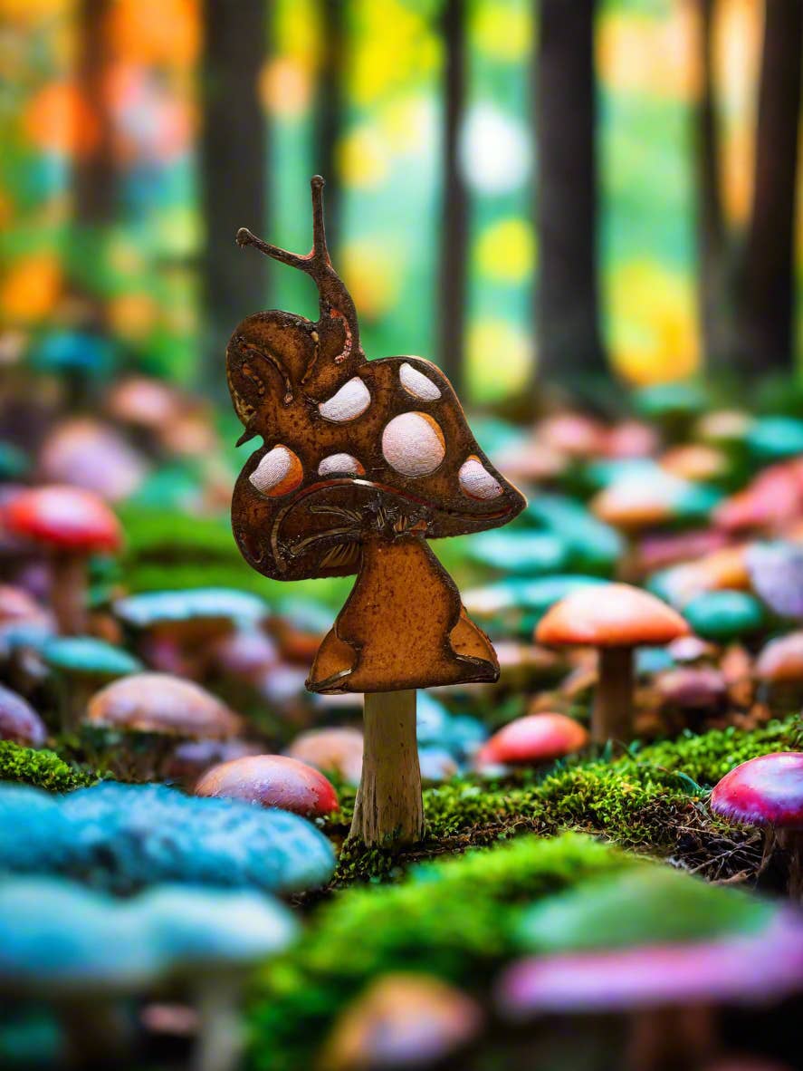 Mushroom with Snail rustic Metal Tabletop Garden Decor for wholesale by Universal Ironworks USA