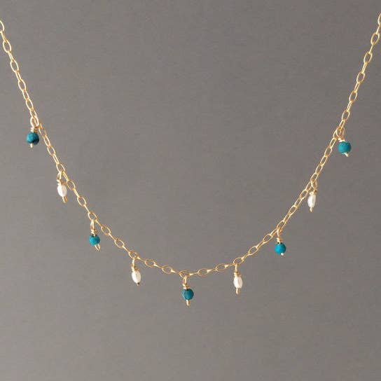 Turquoise and White Pearl Beaded Necklace for wholesale by Jennifer Shon Jewelry