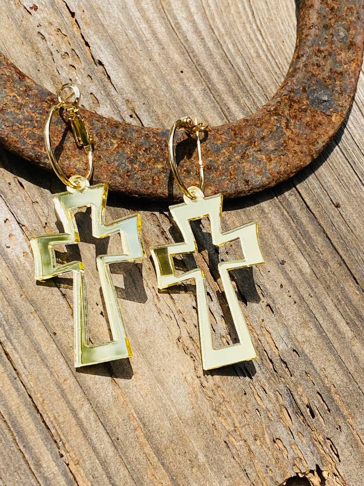 CRUCIFIX GOLD MIRROR HOOP EAR CANDY for wholesale by Sandy Lou Designs