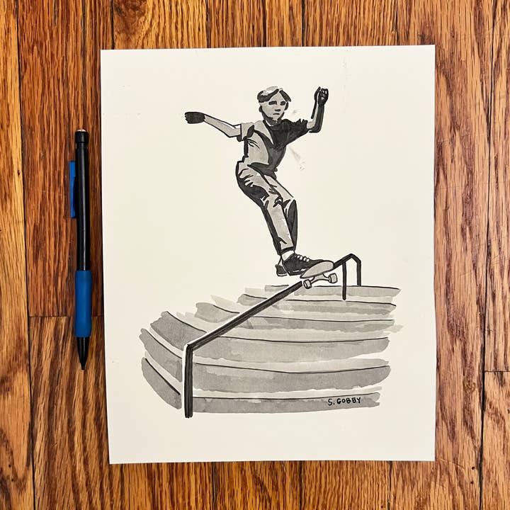 Skateboarder original ink painting for wholesale by Sherbet Punch Studios