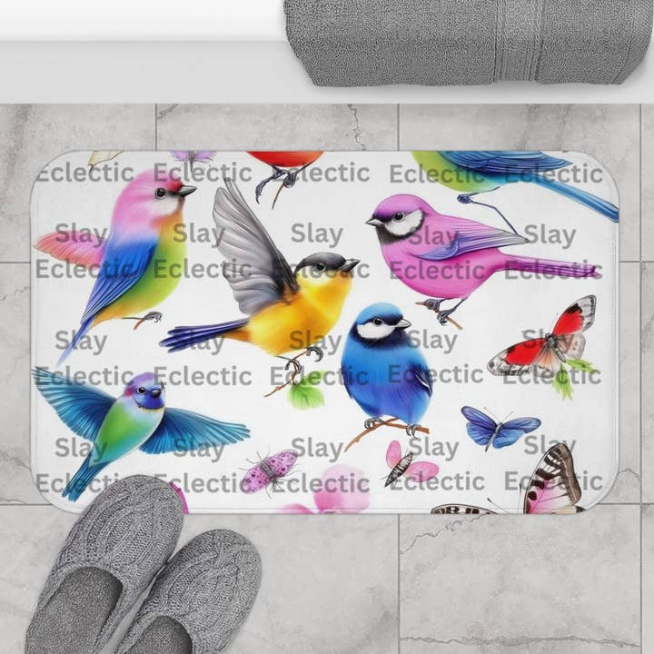 Nature's Charm Badmat - Kleurrijke Vogels en Vlinders voor een Levendige Badkamerontsnapping voor wholesale door Slay Eclectic