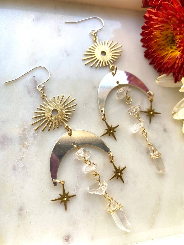 Blandet Metal Måne, Sol & Stjerne Celestial Boho Øreringe for engroshandel hos Bold as Love Belongings