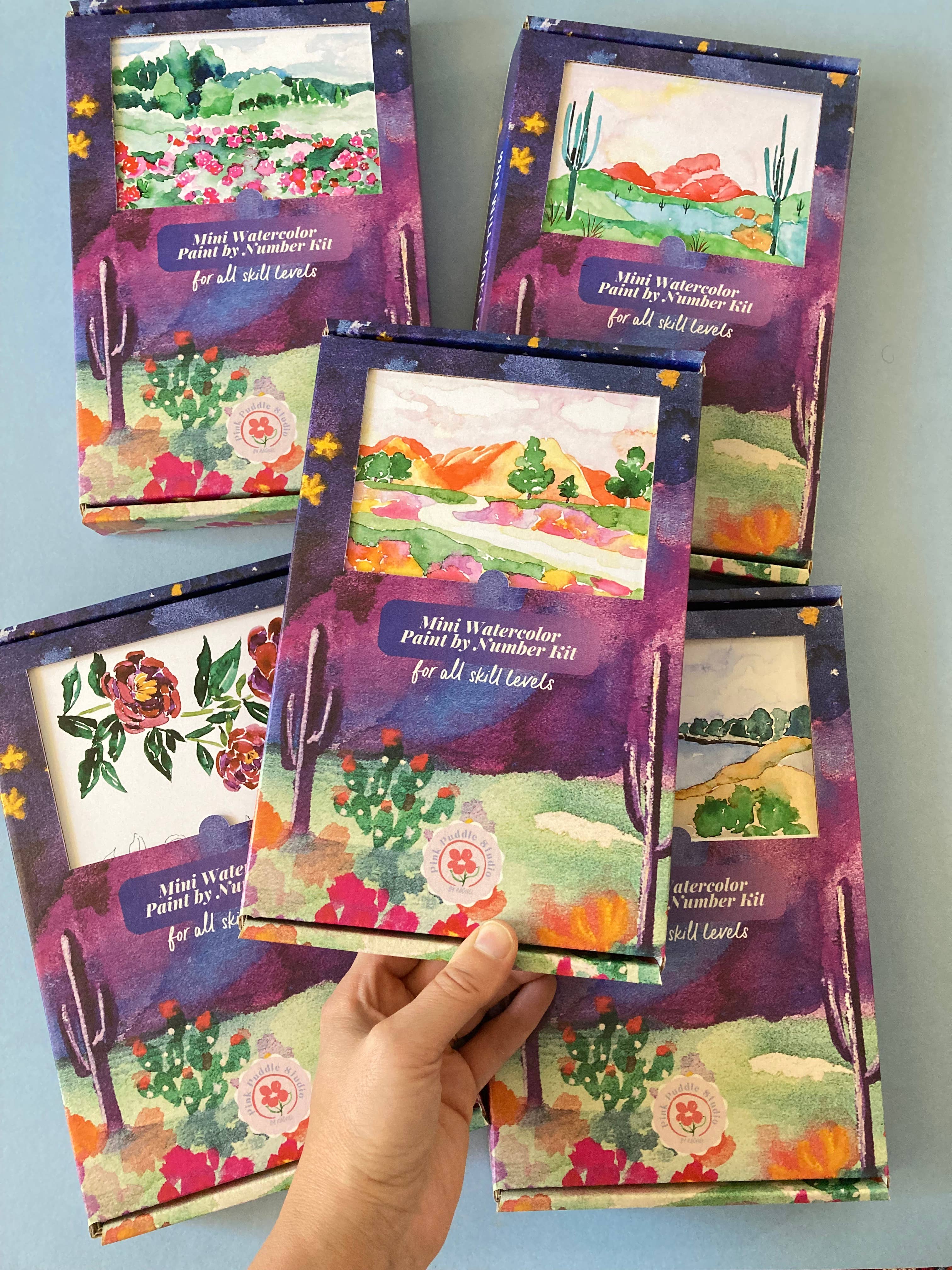 Pink Puddle Studio - Wholesale DIY Craft Kit - Mountain & Flowers Landscape Watercolor Paint by Number Kit9