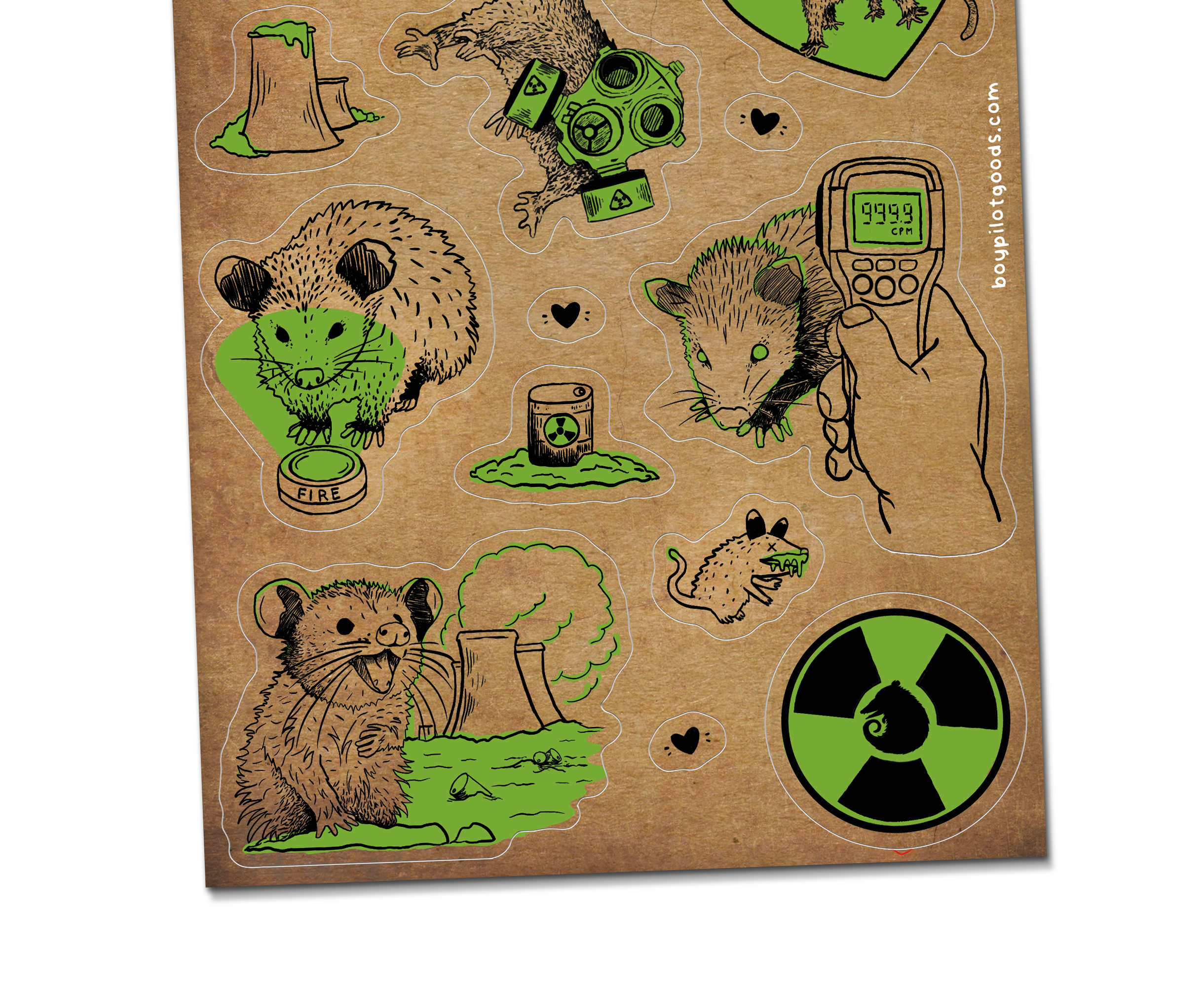 BoyPilot Goods - Wholesale Sticker - Radioactive Possums Sticker Sheet - Waterproof Vinyl1