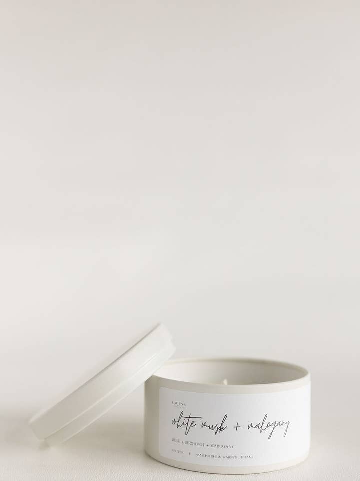 White Musk + Mahogany Luxury 5oz Candle Tin for wholesale by Lacuna Creative Co
