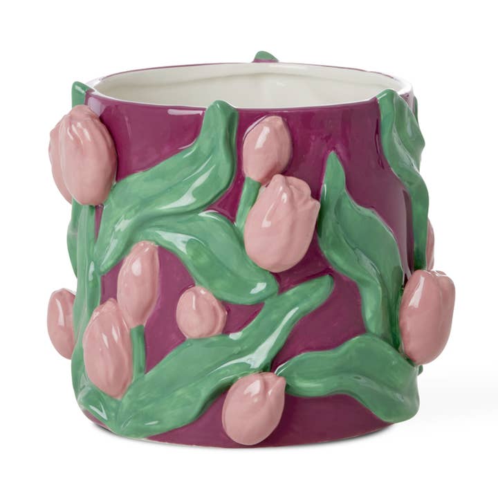 Ceramic Flower Pot - Bordeaux - Embossed Tulips Design for wholesale by RicebyRice