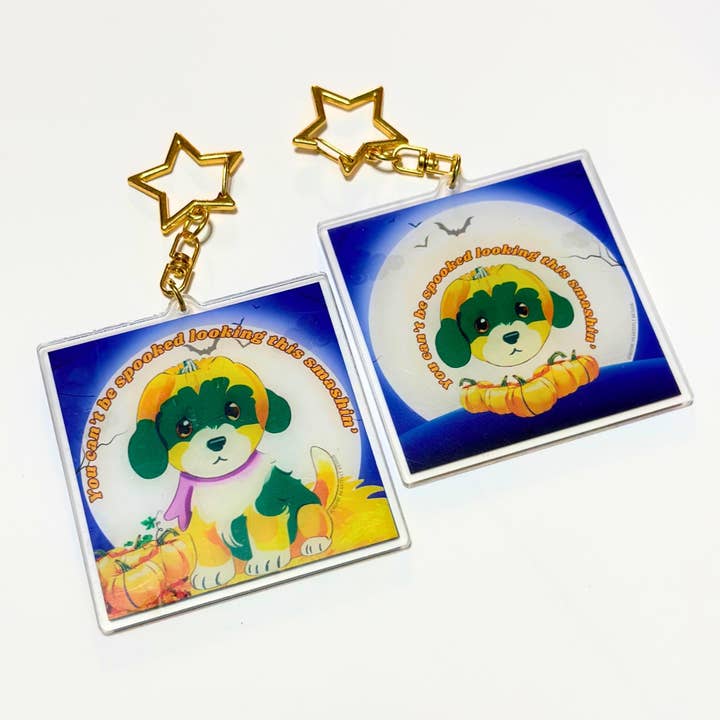 Porte-clés en acrylique Halloween Pumpkin Puppy (Punny) pour la vente par Jenuine Heartfelt Design