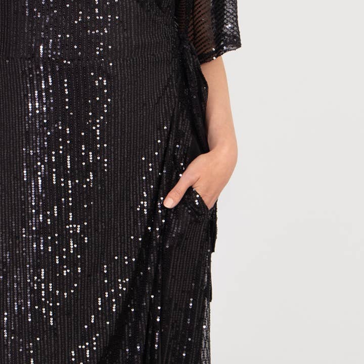 Sarta - Wholesale Dress - Women's - Liv Wrap Dress - Black, Sequin