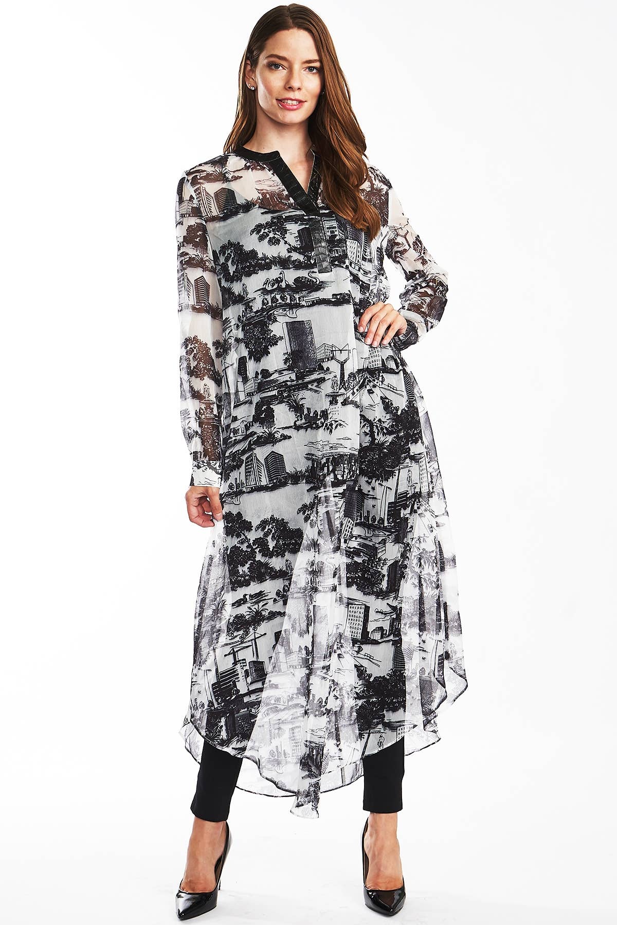 TOV – Engroshandel Tunika - Dame – [OP4162] Faux læder Trim Trykt Sheer Tunika3