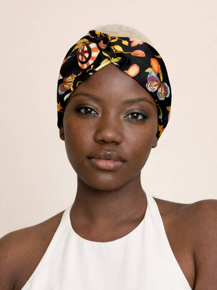 Butterfly stories silk turban Headband for wholesale by Silk Diversity
