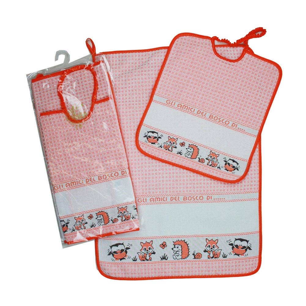 Almatex srl - Wholesale Dishcloth - Set of 2 pcs. FRIENDS OF THE WOOD:towel+bib with elastic band with etamine band to embroider4