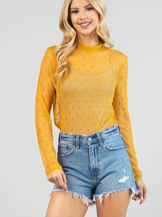 AT1276-AMBER MOCK NECK POLKA DOT MESH TOP for wholesale by Avery