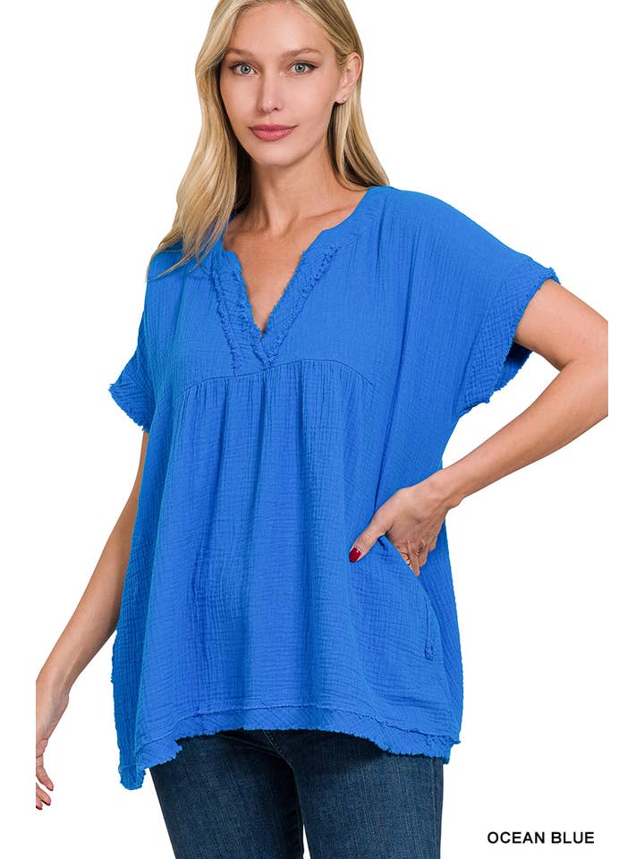 42POPS – wholesale Tunika - Dam – "Rå kant kortärmad V-ringad tröja27