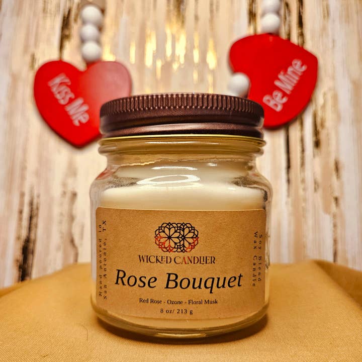 Rose Bouquet 8 Oz Glass Mason Jar Candle for wholesale by Wicked Candlier