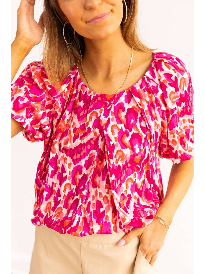 The Tessa Pink Pattern Puff Sleeve Blouses for wholesale on Faire