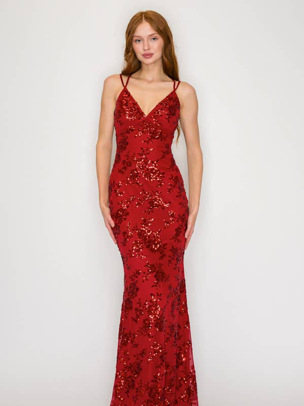 CD30340-1: FLORAL SEQUIN CROSSED BACK MERMAID DRESS for wholesale by Lovesome