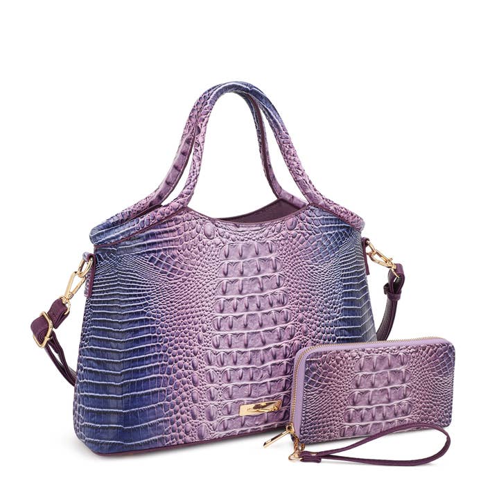 KAYLA+AVA - Wholesale Satchel - Women's - SERENDIPITY CROC EMBOSSED OMBRE SATCHEL SET WITH WALLET