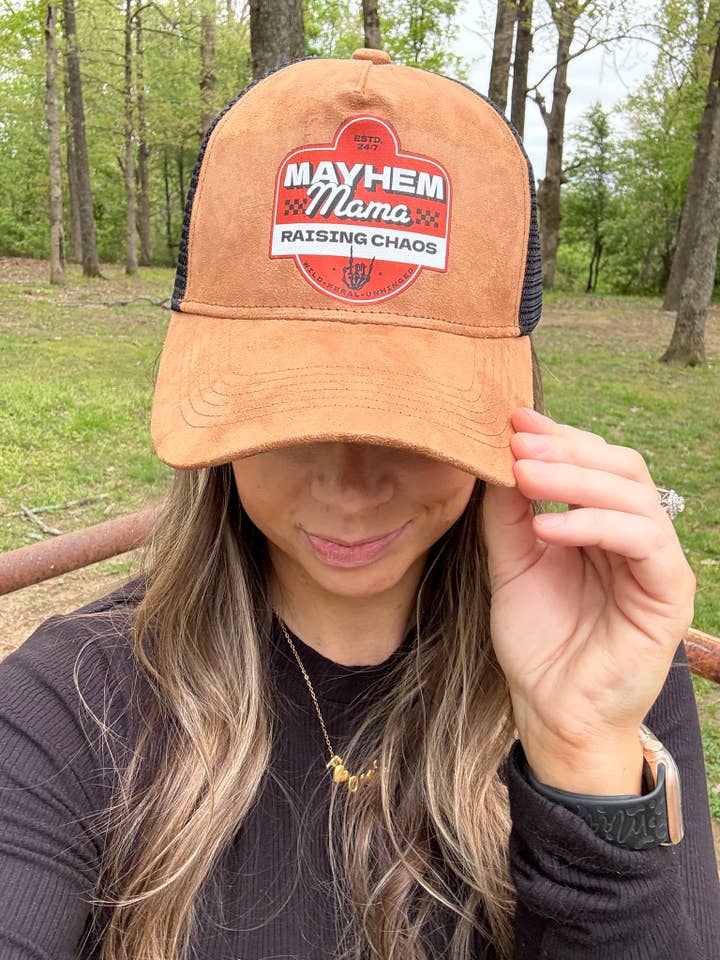 Mayhem Mama Suede Trucker Hat for wholesale by Indian Creek Threads