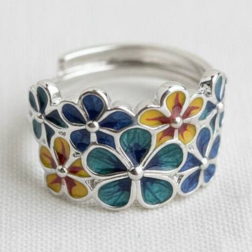 Blue Enamel Floral Cluster Adjustable Ring for wholesale by Ellemadera