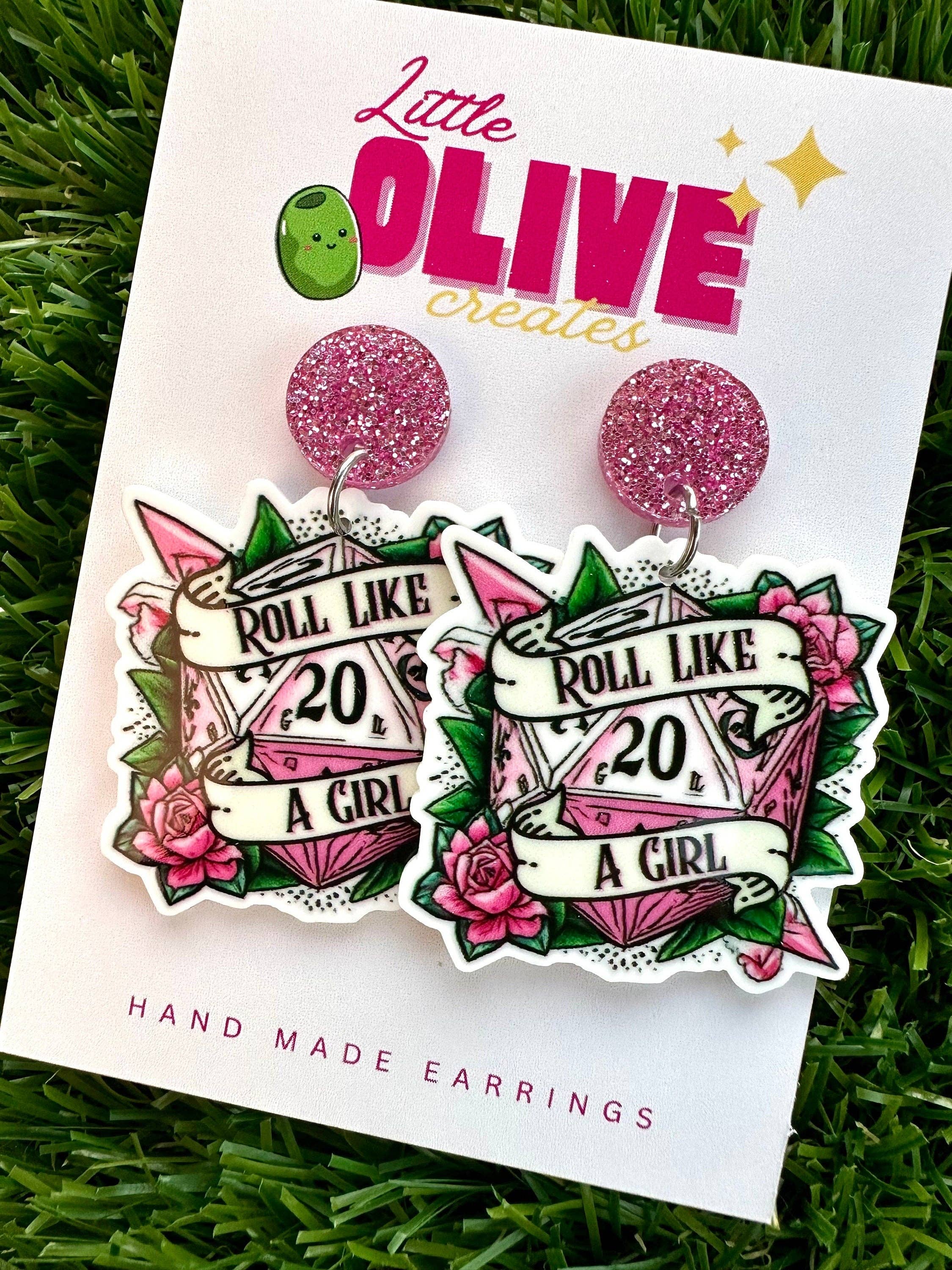 Little Olive Creates - Wholesale Dangle earrings - Empower Your Quest with Dungeons and Dragons 'Roll Like A Girl' D20 Dice Earrings!0