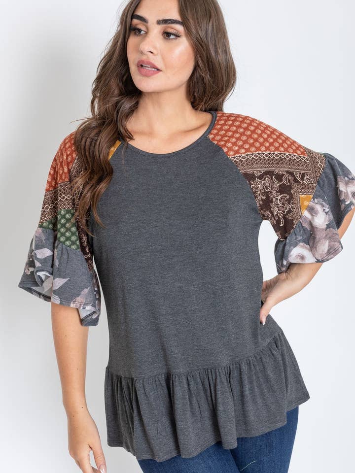 Plus Patchwork Ruffle Sleeve Tunic for wholesale by EG fashion