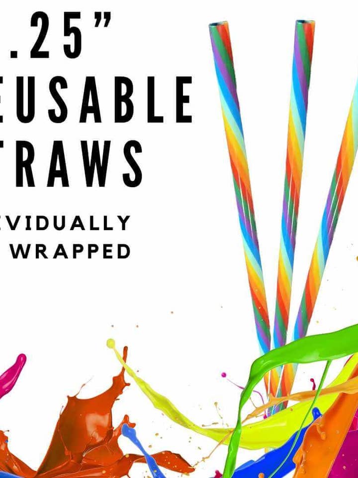 Rainbow Swirl 10.25" Long Printed Plastic Straws ~ IND WRAPPED for wholesale by Sip Sleeves ~ Insulated Cup Sleeves and Drink Accessories