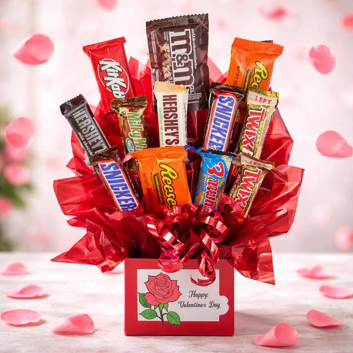 Chocolate Candy Bouquet in Roses Val Day box (12 pc candy) for wholesale by So Sweet of You
