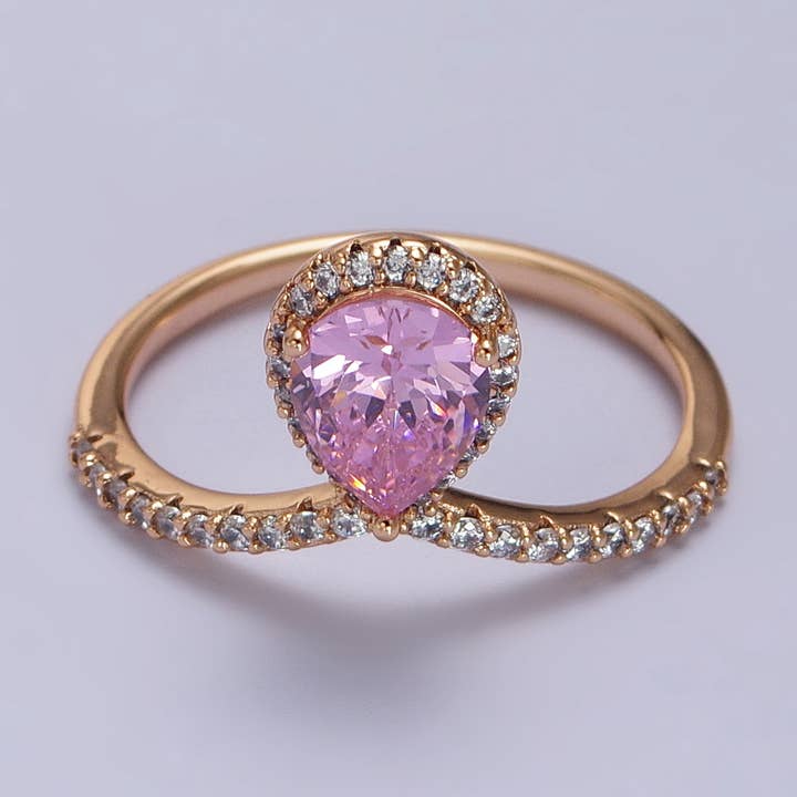Pink Teardrop CZ Micro Paved Gold Adjustable Chevron Ring for wholesale by Aim Eternal