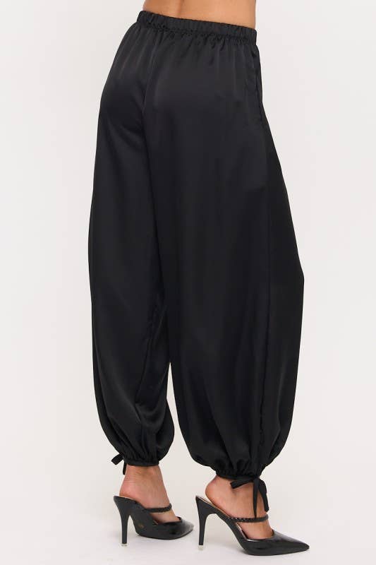 Black Made in USA Tie Hem Satin Pants for wholesale on Faire2