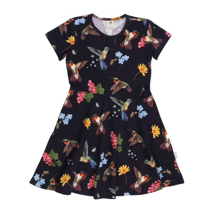 walkiddy - Wholesale Dress - Kids - Hummingbirds Around Flowers-Flared Dress