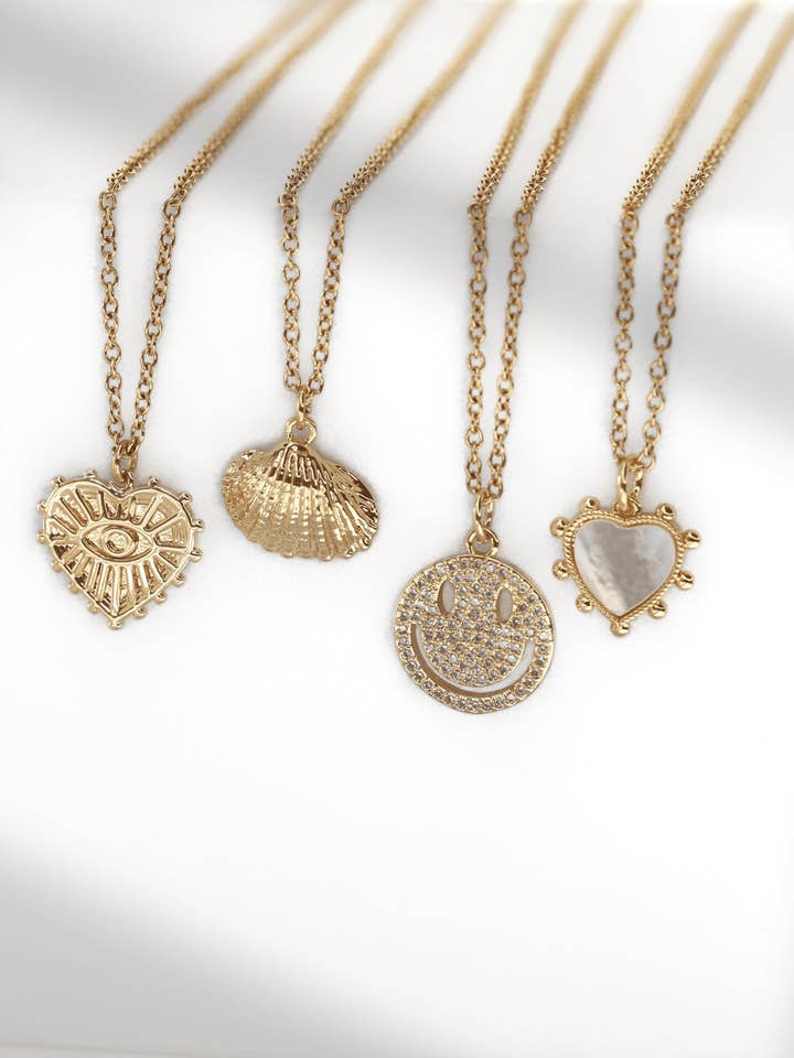 Alice Handmade Gold Pendant Necklace - Heart, Smiley, Shell for wholesale by Kaylie Dawn Jewelry