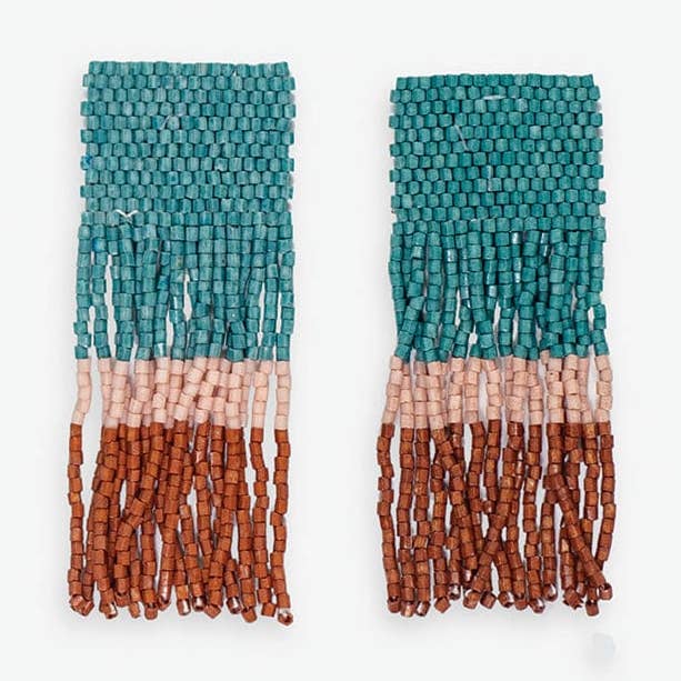 Ava Color Block Beaded Fringe Earrings Teal Wholesale for wholesale by INK + ALLOY