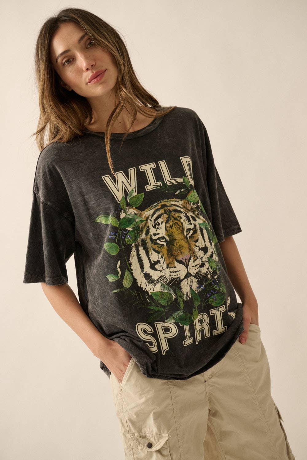 Charcoal Wild Spirit Vintage-Wash Oversized Graphic Tee for wholesale on Faire3