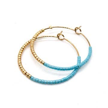 Brincos de Missangas Miyuki Azul Claro e Dourado E8-039 por atacado de LIZOU