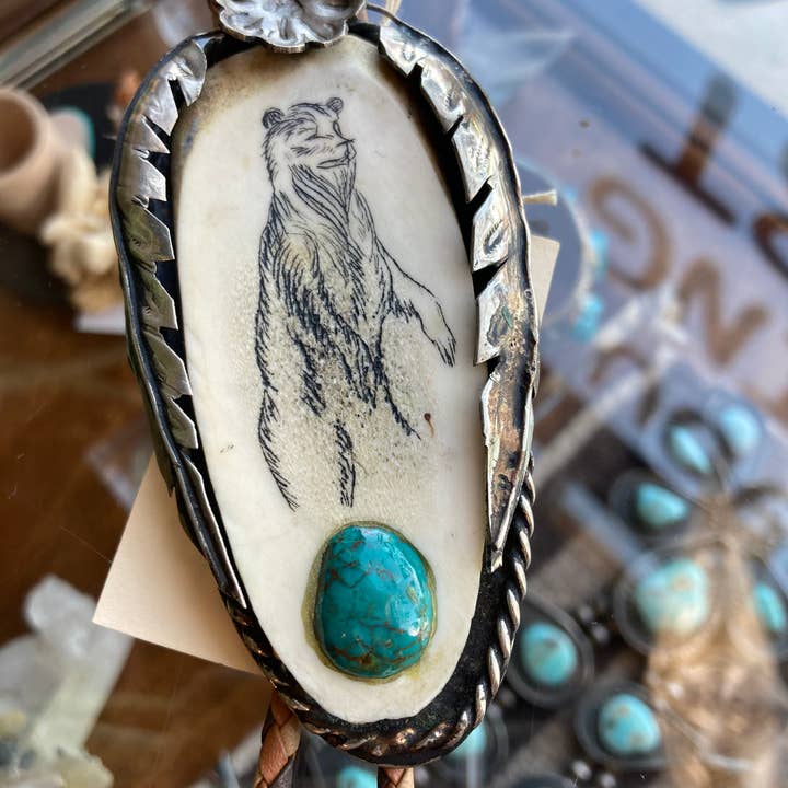 Unique Native Bear Bolo with a Turquoise Inlay for wholesale by Rainbow Trading Post