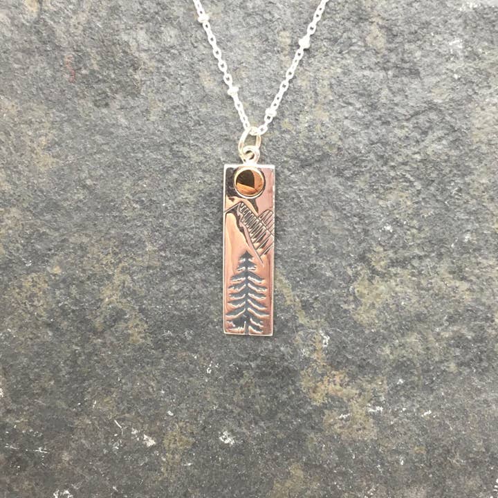 Silver Tree & Mountain Under Bronze Moon Rectangle necklace for wholesale by Elizabeth Jewelry