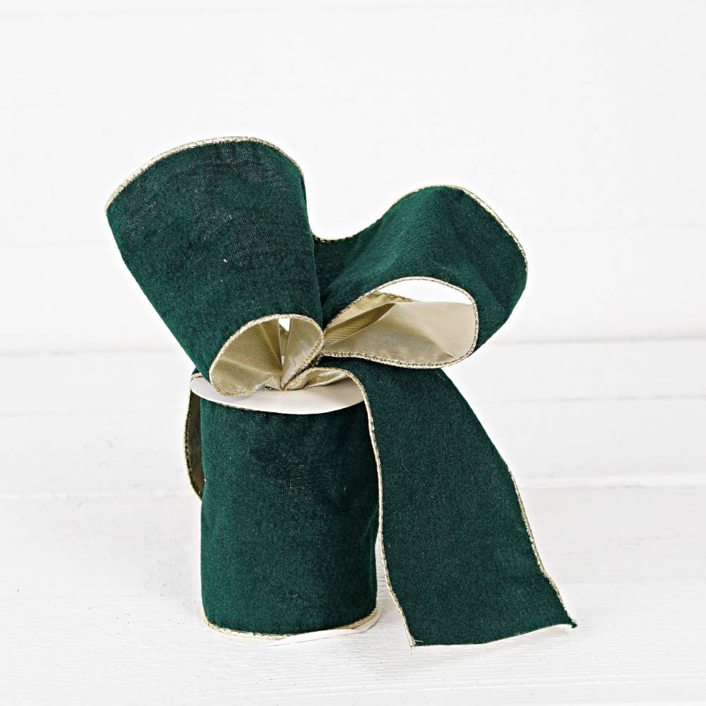 Holiday Depot Inc. - Wholesale Ribbon - Gift Wrapping - R32987-Wired Ribbon-Green velvet w. Gold Back, edges (4inW)1