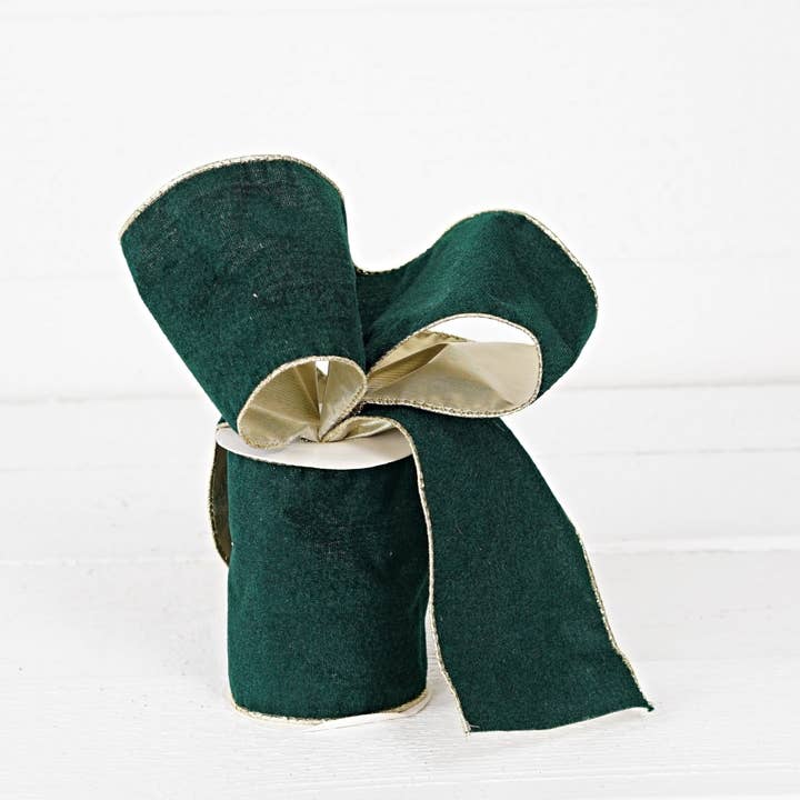 Holiday Depot Inc. - Wholesale Ribbon - Gift Wrapping - R32987-Wired Ribbon-Green velvet w. Gold Back, edges (4inW)1