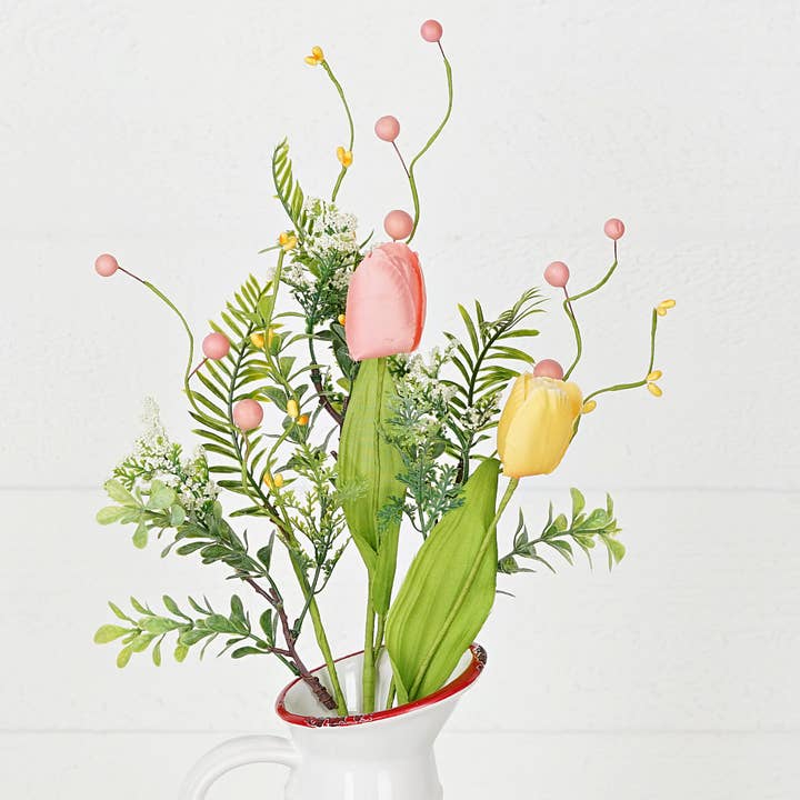 31185- 19in Bush-Peach and Yellow tulips with greenery- for wholesale by Holiday Depot Inc.